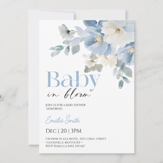 Invitation Baby shower Fleur Bleue Garçon (Devant)