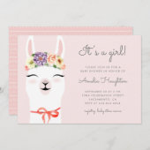 Invitation Baby shower Fleur Cute Couronne & Llama Girl (Devant / Derrière)