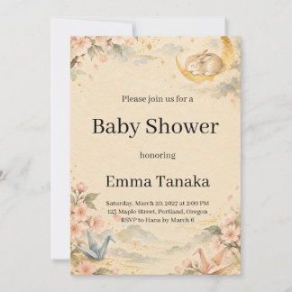 Invitation Baby Shower Fleur de Cerisier Lune Lapin Endormi