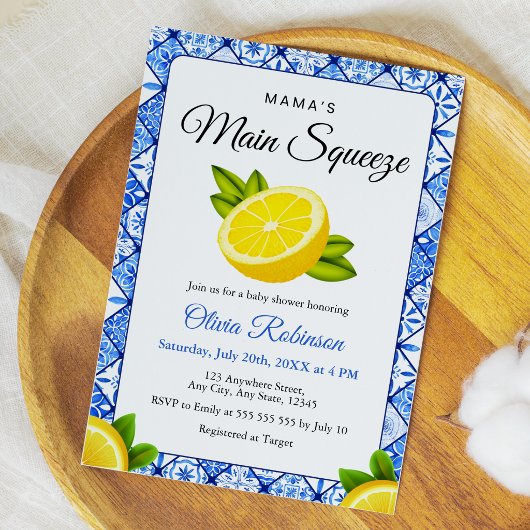 Invitation Baby Shower Fleur de Citron sur Carreau Bleu Mama'