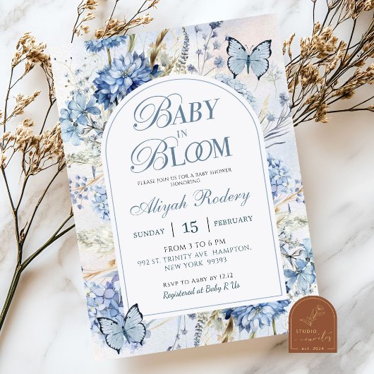 Invitation Baby Shower Fleur de Hortensia Bleu Bébé en Fleur