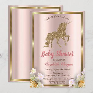 Invitation Baby Shower Fleur de Licorne Paillettes Dorées Élé