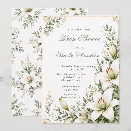 Invitation Baby Shower Fleur de Lys Blanche (Devant / Derrière)