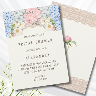 Invitation Baby Shower Fleur de Pivoine Rose et Hydrangea Ble