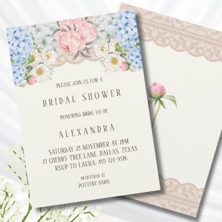 Invitation Baby Shower Fleur de Pivoine Rose et Hydrangea Ble