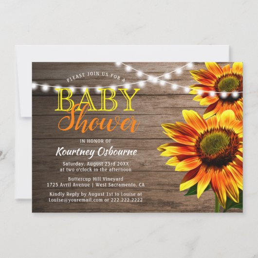 Invitation Baby Shower Fleur de Tournesol Rustique (Devant)