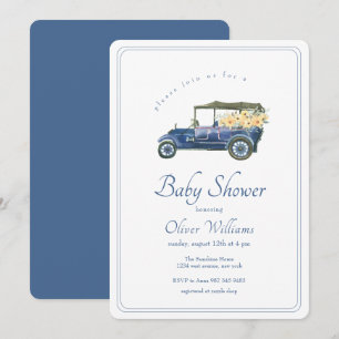 Invitation Baby-Shower Fleur de Voiture Classique Bleu Marine