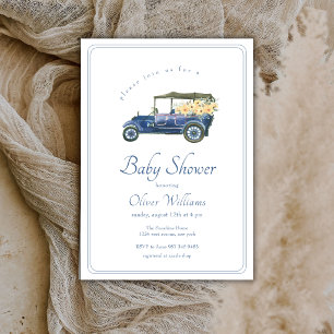 Invitation Baby-Shower Fleur de Voiture Classique Bleu Marine