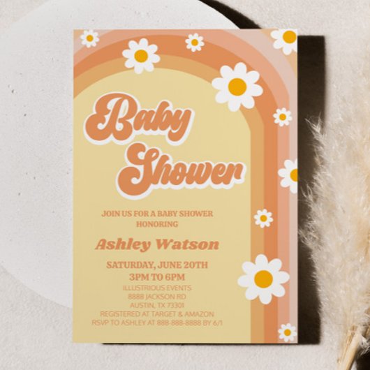 Invitation Baby shower Fleur Orange Retro Daisy