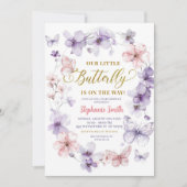 Invitation Baby Shower Fleur Papillon Rose Violet (Devant)