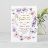 Invitation Baby Shower Fleur Papillon Rose Violet (Debout devant)