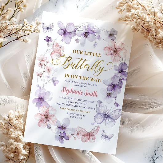 Invitation Baby Shower Fleur Papillon Rose Violet