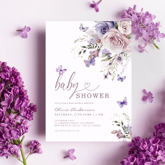 Invitation Baby Shower Fleur Papillon Violet 