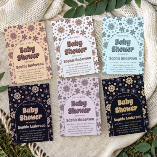 Invitation Baby Shower Fleur Retro Boho Violet