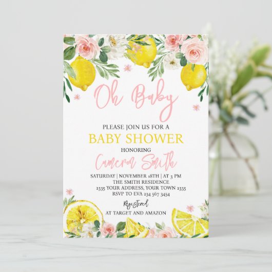 Invitation Baby Shower Fleur Rose Citron (Debout devant)
