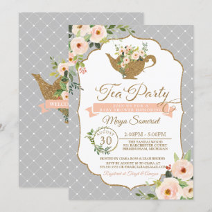 Invitation Baby Shower Fleur Rose Poudré et Gris Thé à la Men