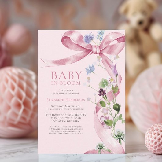 Invitation Baby shower Fleur sauvage à bow rose vif