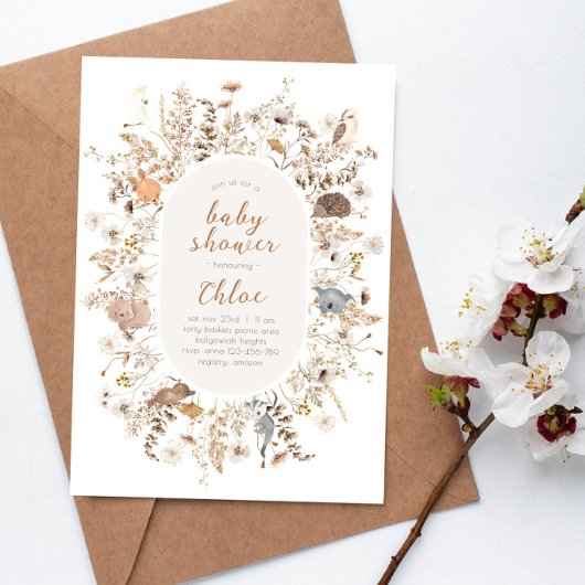 Invitation Baby shower fleur sauvage Animaux autochtones aust