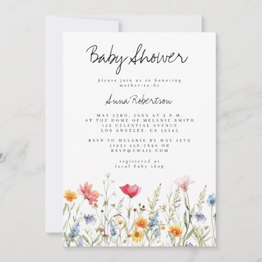 Invitation Baby shower Fleur sauvage aquarelle (Devant)