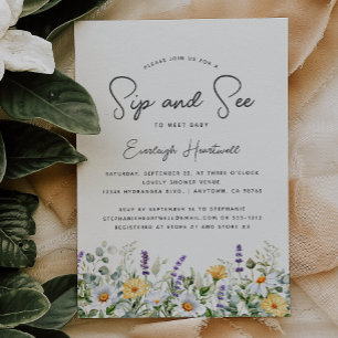 Invitation Baby-Shower "Fleur Sauvage Aquarelle Sip and See"