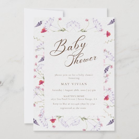 Invitation Baby shower Fleur sauvage aquarellisé (Devant)