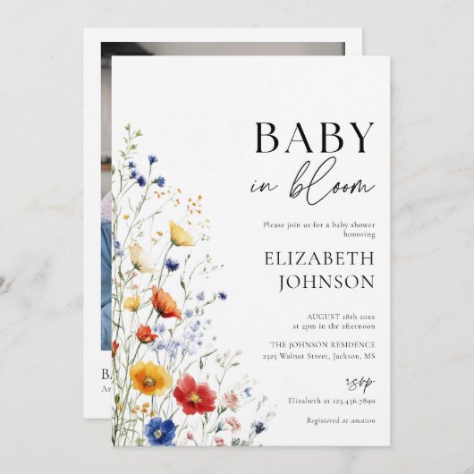 Invitation Baby shower Fleur sauvage bébé en fleur Photo QR C (Devant / Derrière)