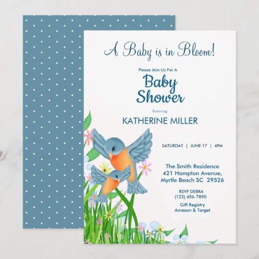 Invitation Baby shower Fleur sauvage Bluebirds (Devant / Derrière)