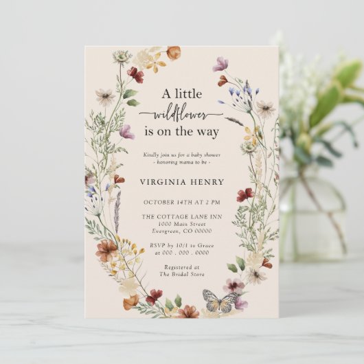 Invitation Baby shower Fleur sauvage Boho (Debout devant)