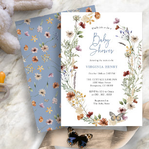 Invitation Baby shower Fleur sauvage Boho bleu