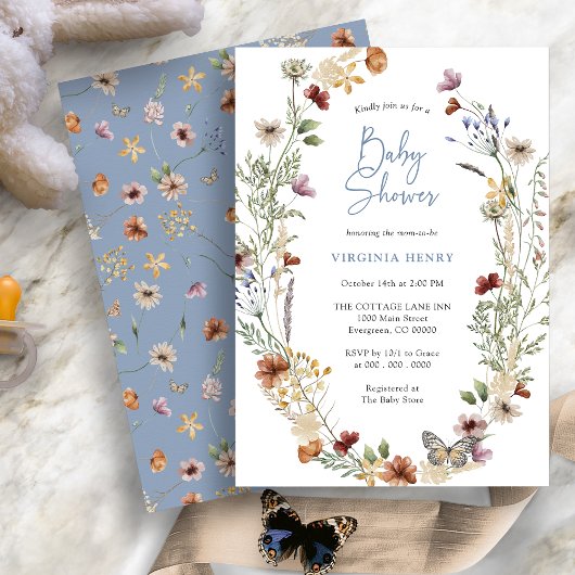 Invitation Baby shower Fleur sauvage Boho bleu