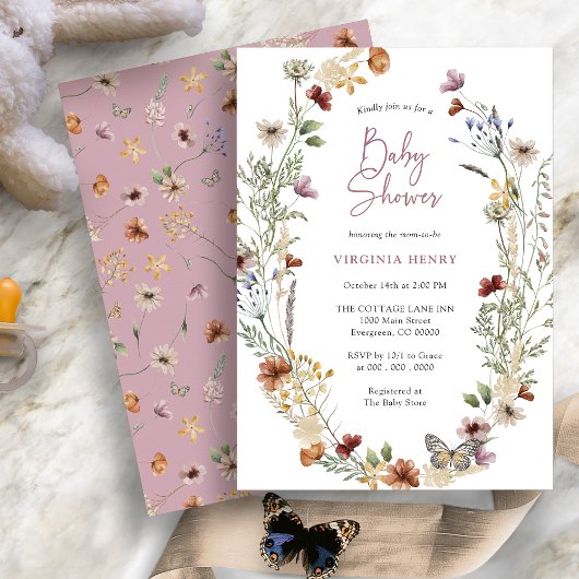 Invitation Baby shower Fleur sauvage Boho rose