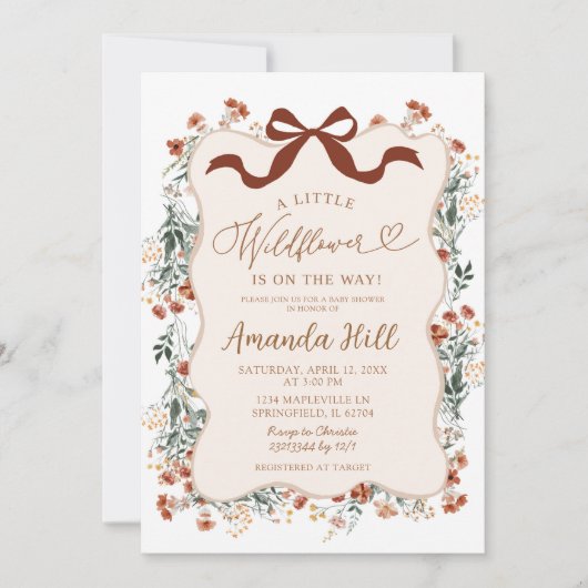 Invitation Baby shower Fleur sauvage Bow Boho Coquette (Devant)