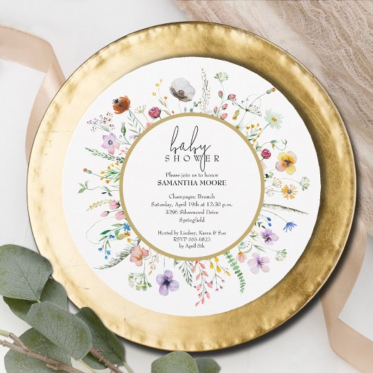 Invitation Baby shower Fleur sauvage chic rond