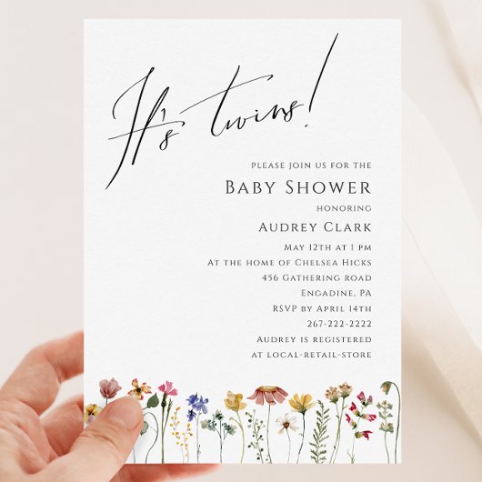 Invitation Baby shower Fleur sauvage coloré C'est des jumeaux