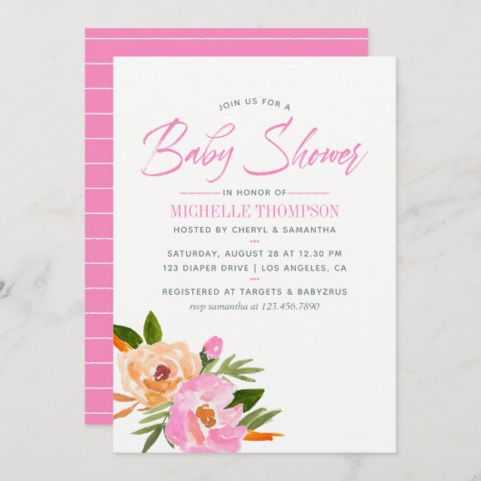 Invitation Baby shower fleur sauvage d'aquarelle rose (Devant / Derrière)