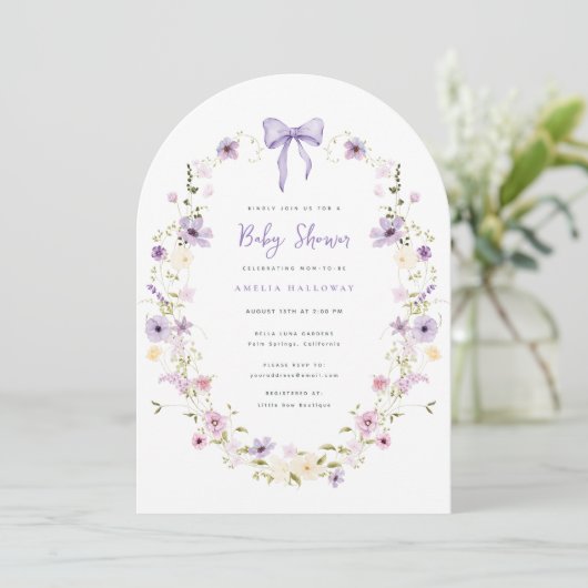 Invitation Baby shower Fleur sauvage d'arc pourpre (Debout devant)