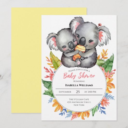Invitation Baby shower Fleur sauvage de Cute Koalas (Devant / Derrière)