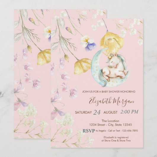 Invitation Baby shower Fleur sauvage de la lune d'aquarelle (Devant / Derrière)