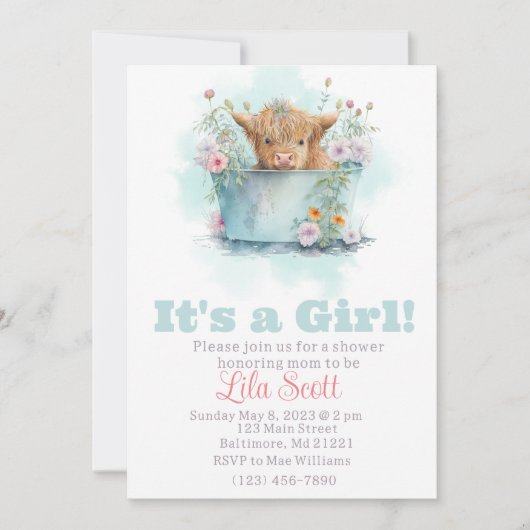 Invitation baby shower fleur sauvage de vache de haute-terre (Devant)