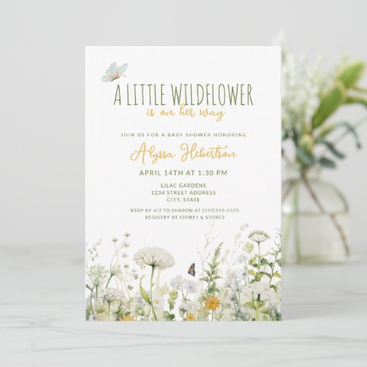 Invitation Baby shower fleur sauvage fille (Debout devant)