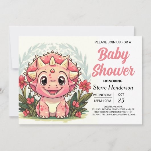 Invitation Baby shower fleur sauvage fille Dinosaur fille (Devant)