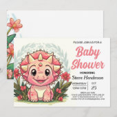 Invitation Baby shower fleur sauvage fille Dinosaur fille (Devant / Derrière)
