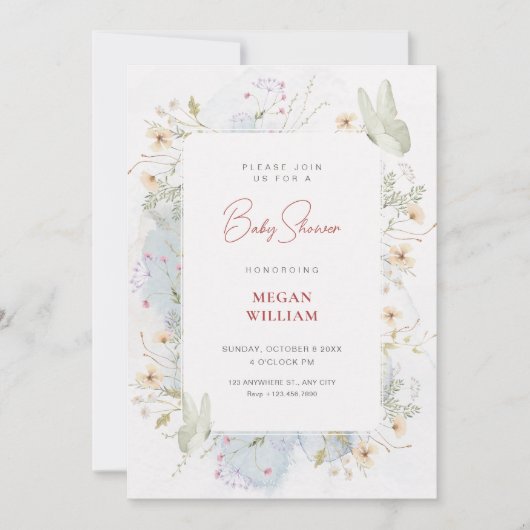 Invitation Baby shower fleur sauvage gris blanc (Devant)