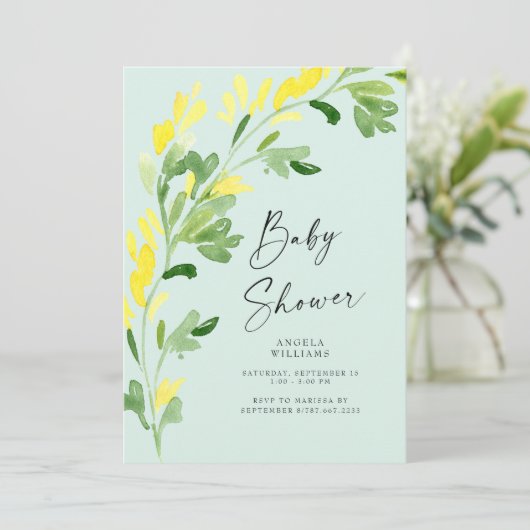 Invitation Baby shower Fleur sauvage Jaune à la menthe douce (Debout devant)