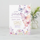 Invitation Baby shower Fleur sauvage papillon fille violet (Debout devant)