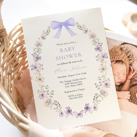 Invitation Baby shower fleur sauvage pourpre de la cale