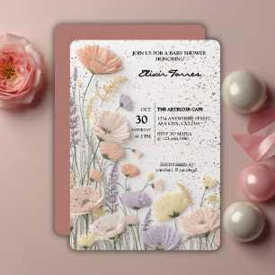 Invitation Baby Shower Fleur Sauvage Pressée en Rose