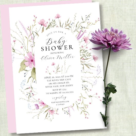 Invitation Baby shower Fleur sauvage rose