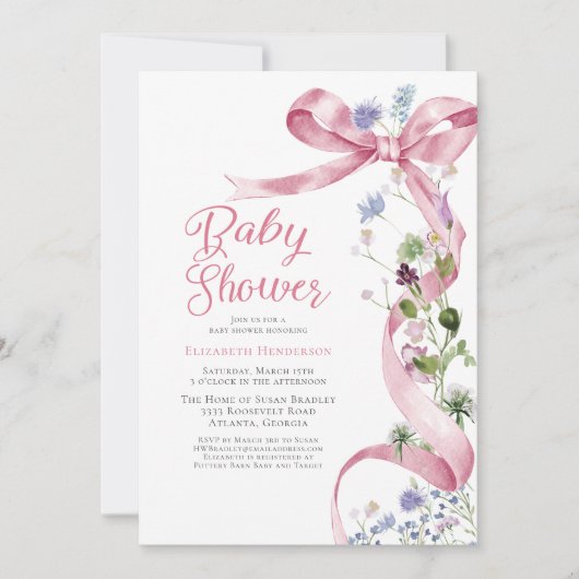 Invitation Baby shower Fleur sauvage rose à boue (Devant)