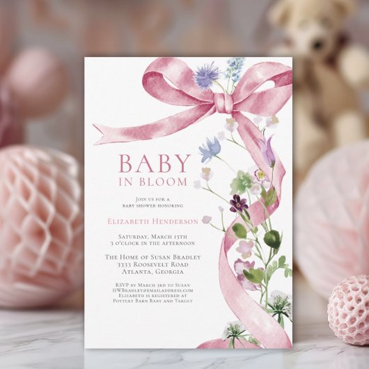 Invitation Baby shower Fleur sauvage rose à boue